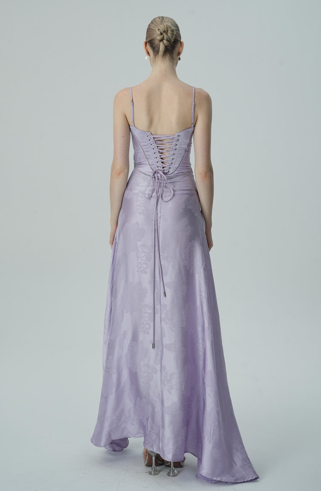 Vestido Maxi Jacquard Satín Floral Lavanda Para Mujer