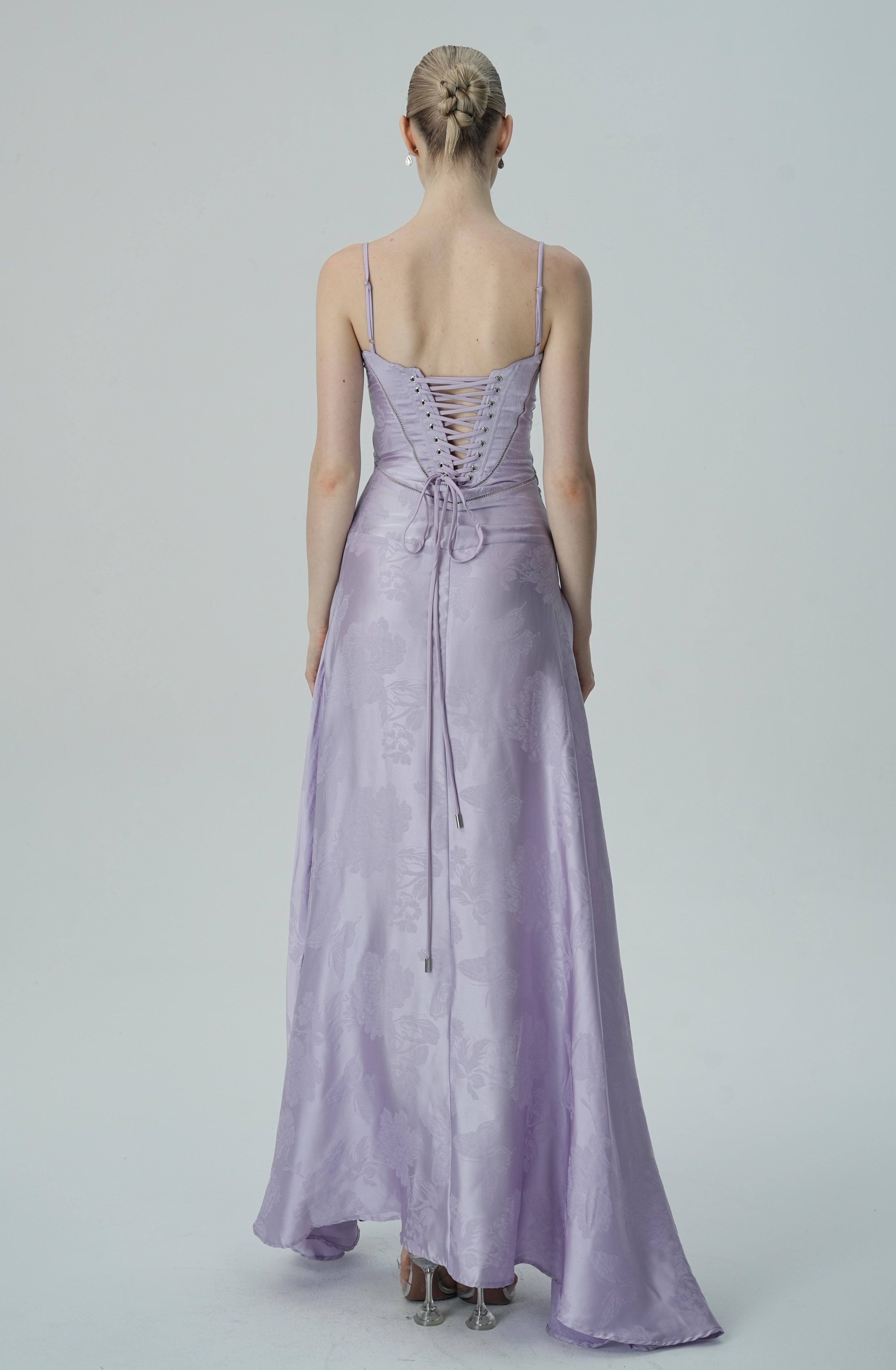 Vestido Maxi Jacquard Satín Floral Lavanda Para Mujer
