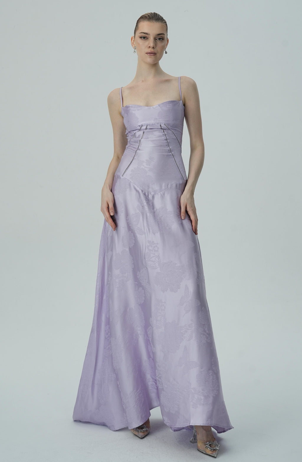 Vestido Maxi Jacquard Satín Floral Lavanda Para Mujer