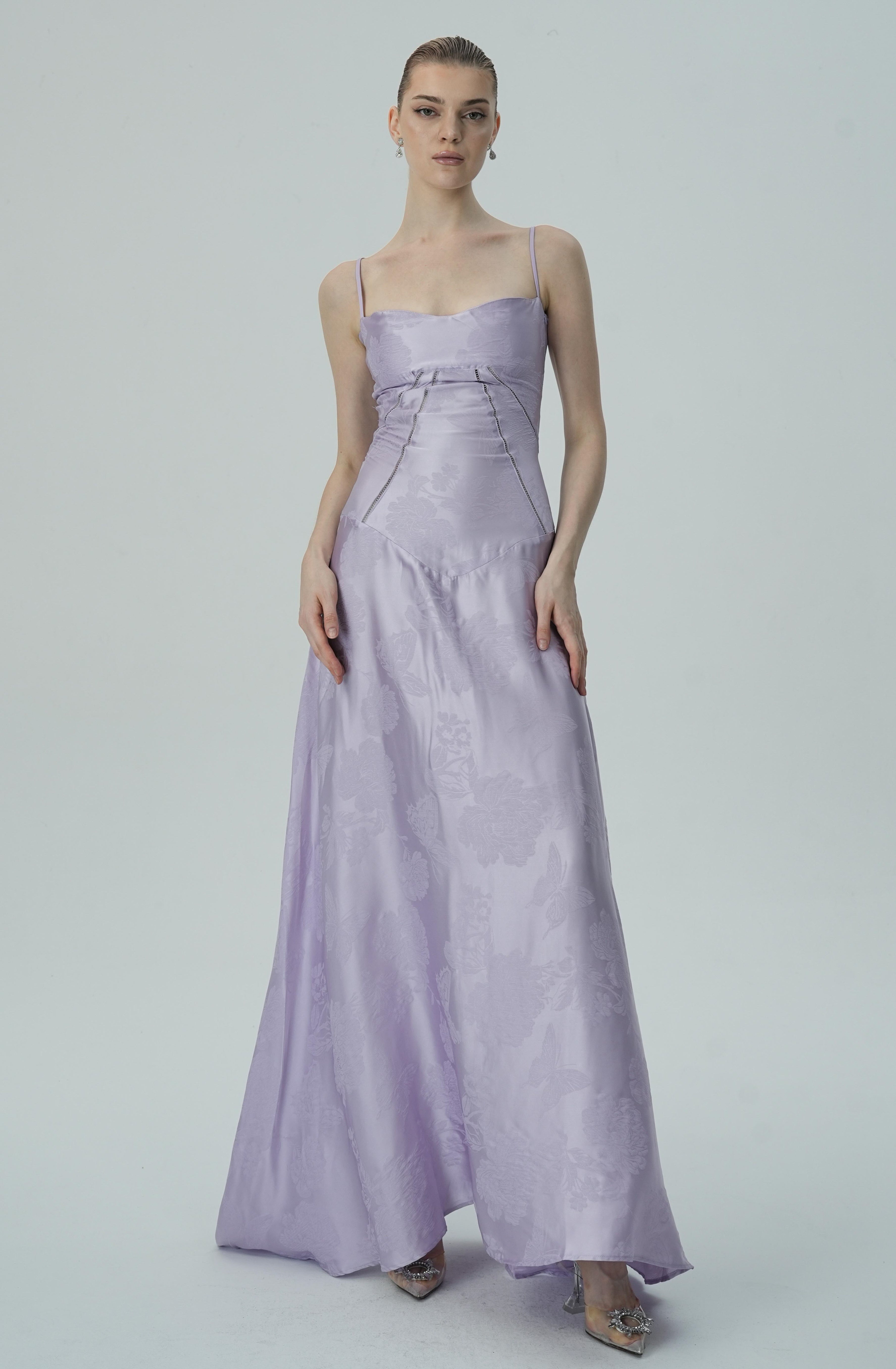 Vestido Maxi Jacquard Satín Floral Lavanda Para Mujer