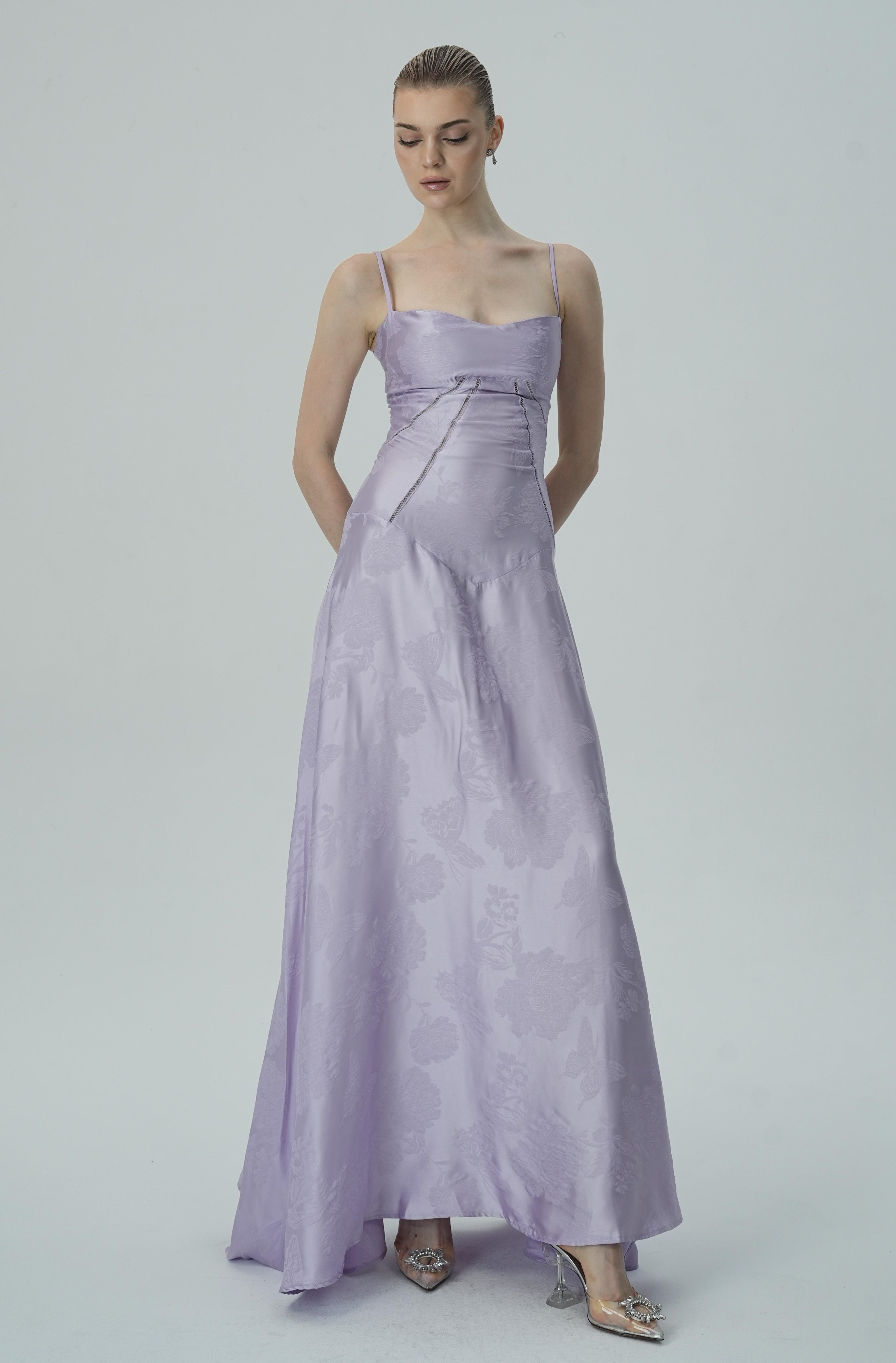 Vestido Maxi Jacquard Satín Floral Lavanda Para Mujer