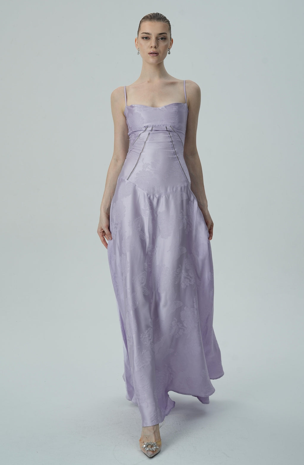 Vestido Maxi Jacquard Satín Floral Lavanda Para Mujer