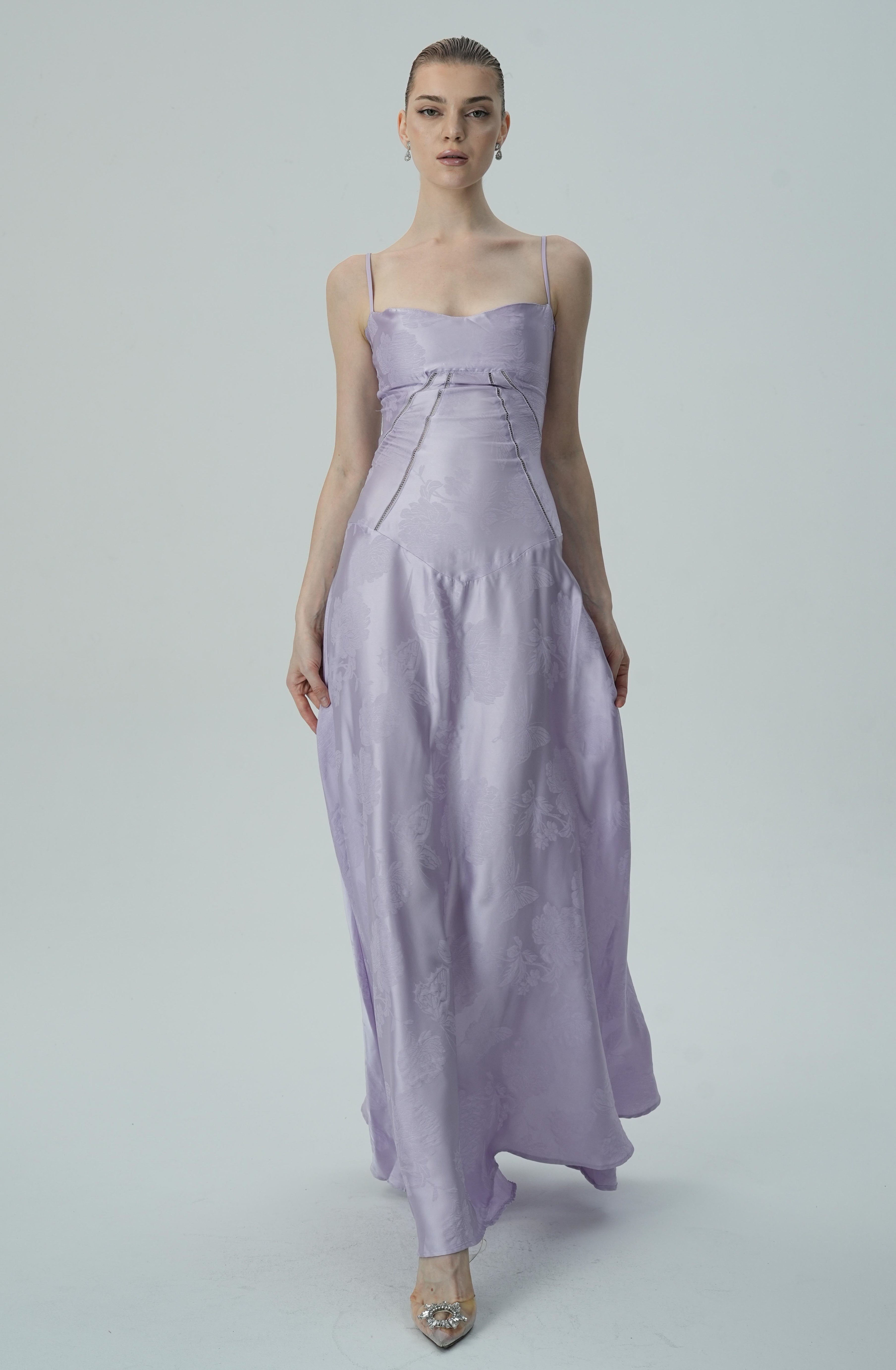 Vestido Maxi Jacquard Satín Floral Lavanda Para Mujer