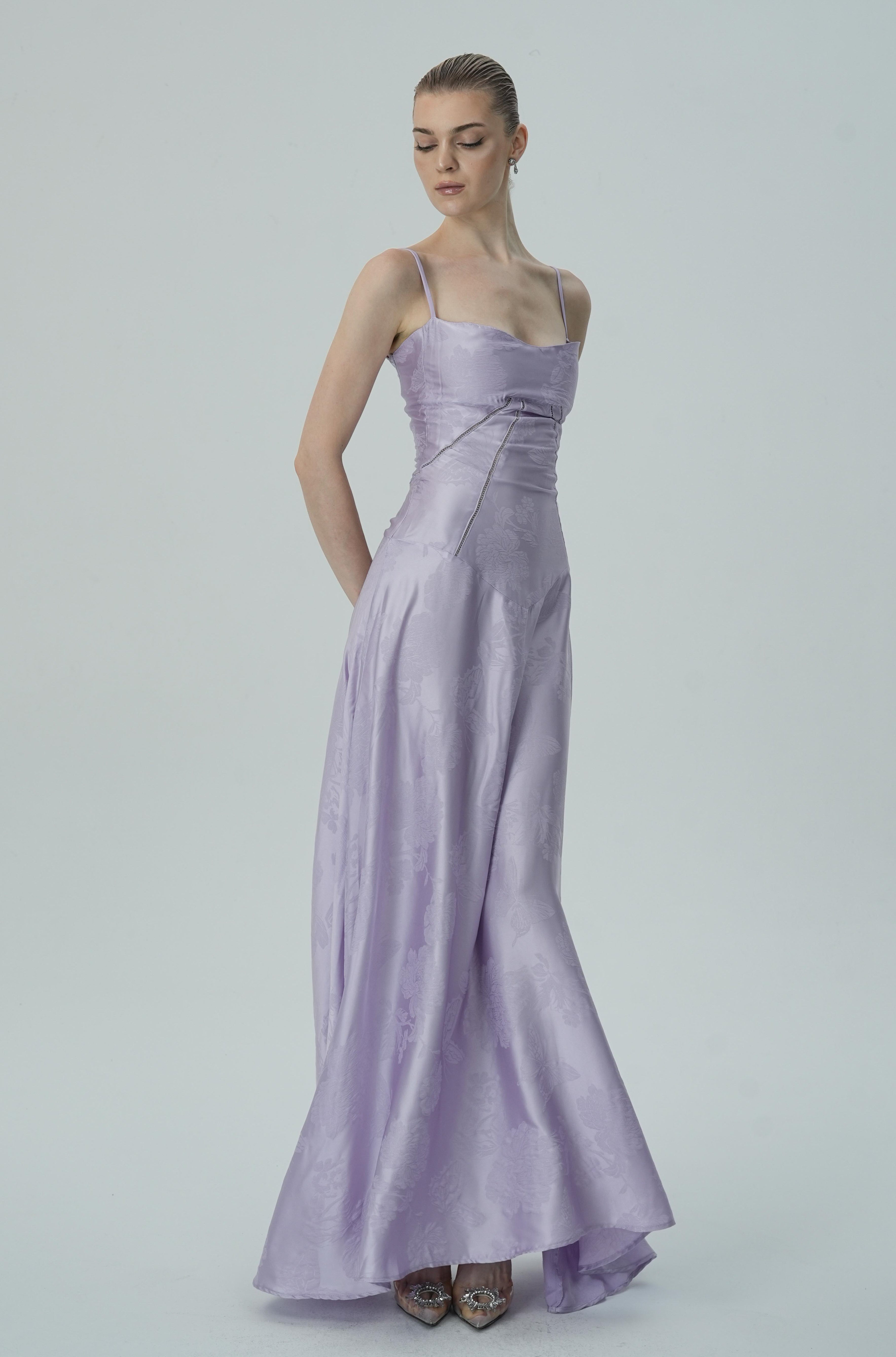 Vestido Maxi Jacquard Satín Floral Lavanda Para Mujer