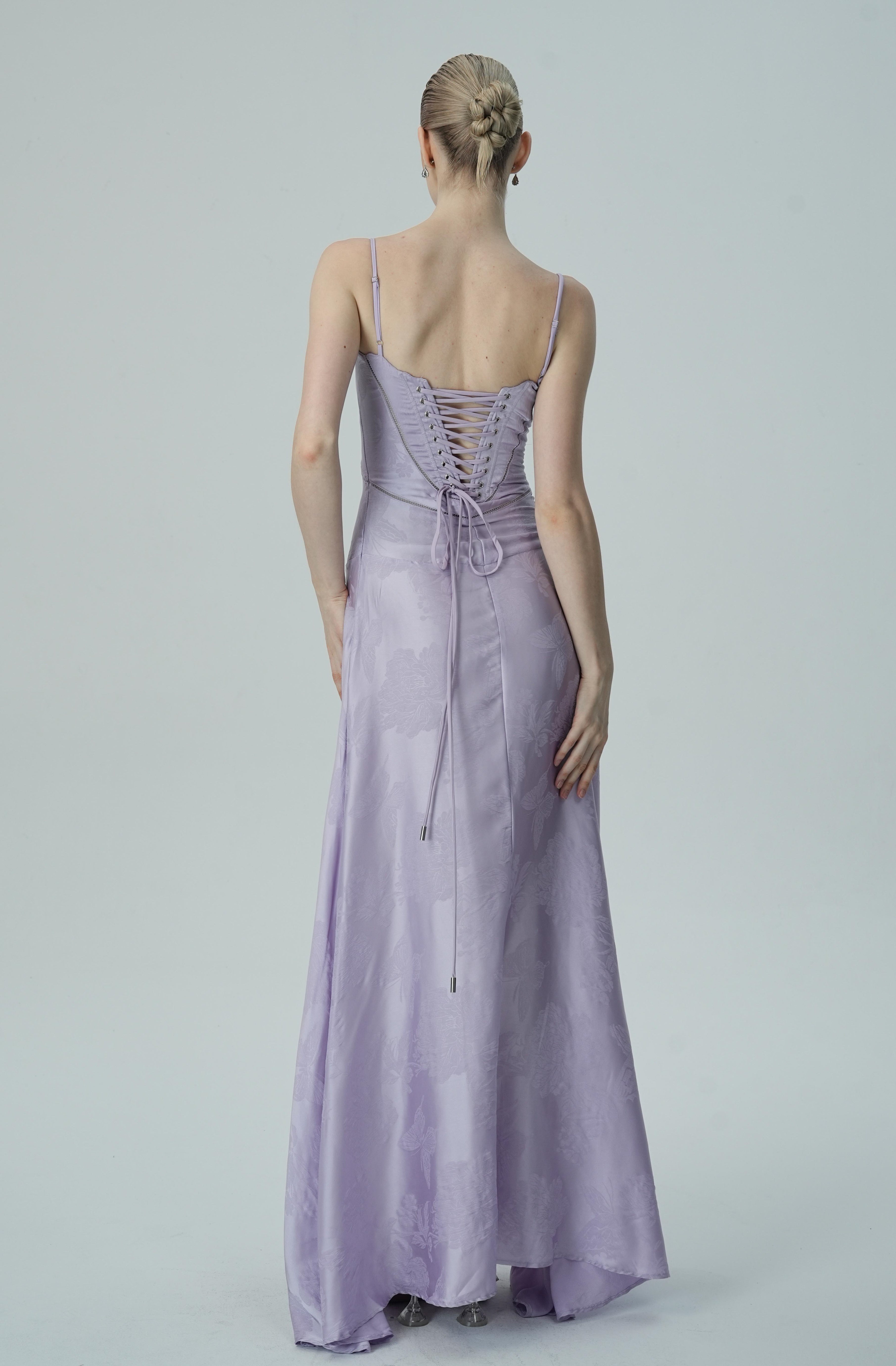 Vestido Maxi Jacquard Satín Floral Lavanda Para Mujer