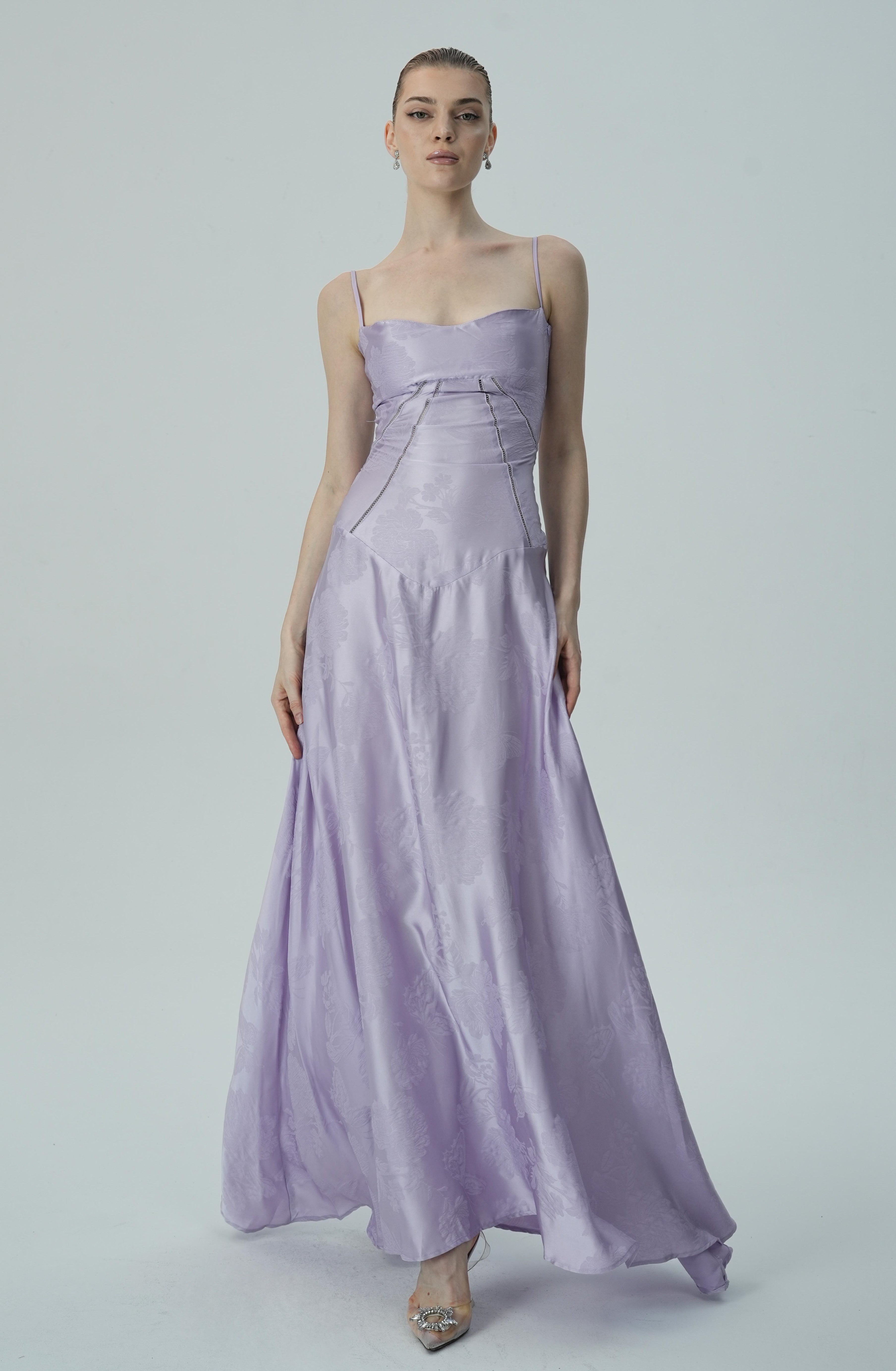 Vestido Maxi Jacquard Satín Floral Lavanda Para Mujer