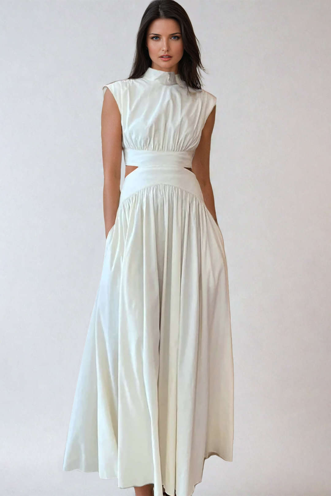 Vestido Maxi Plisado Con Cuello Alto Y Abertura Elegante