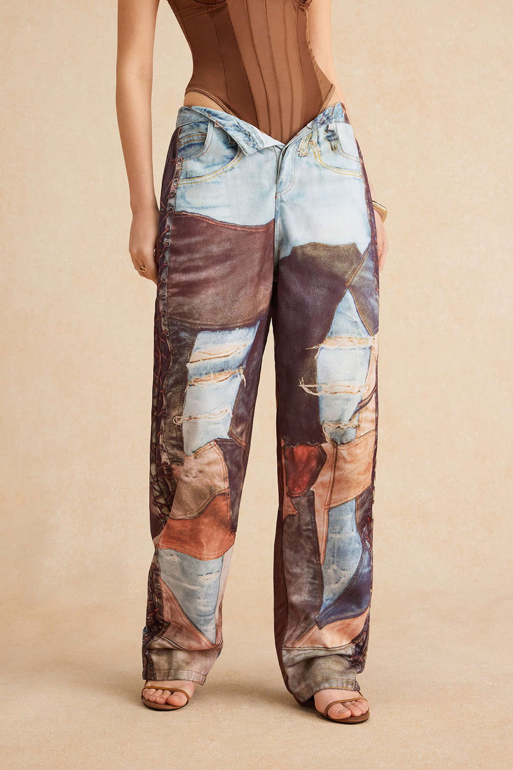 Pantalones Anchos Con Bloques De Color Botones Mujer Casual