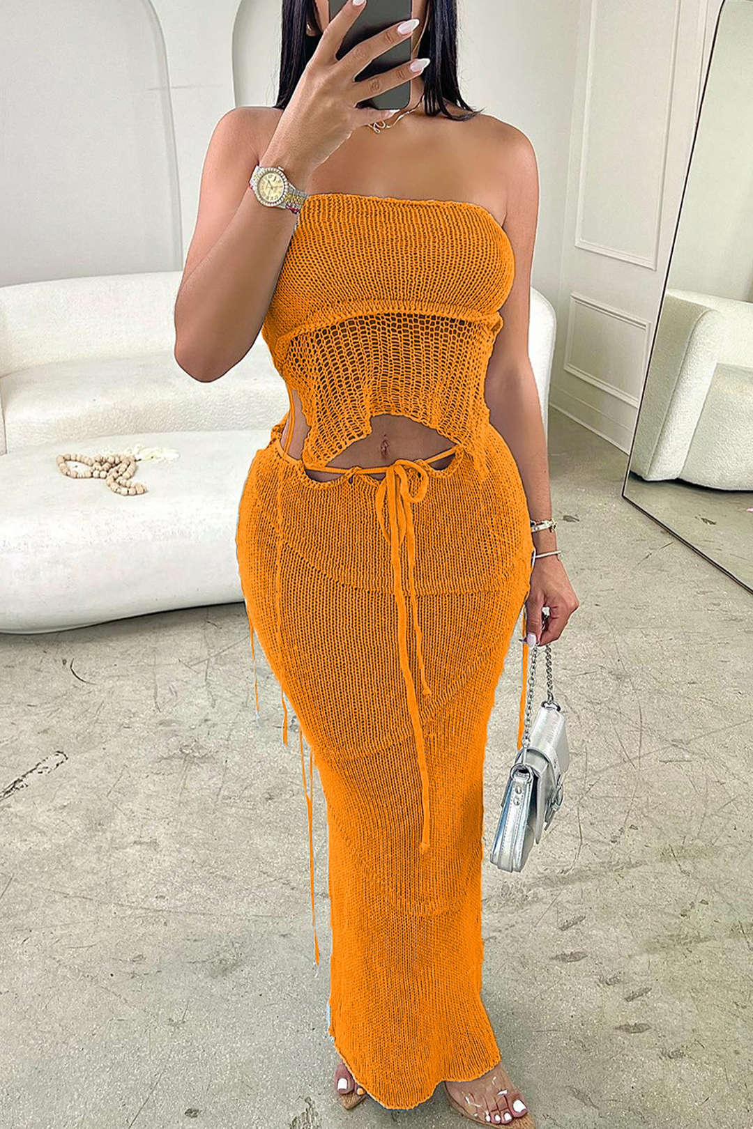 Top Tubo Crochet Sin Espalda Falda Abertura Dos Piezas