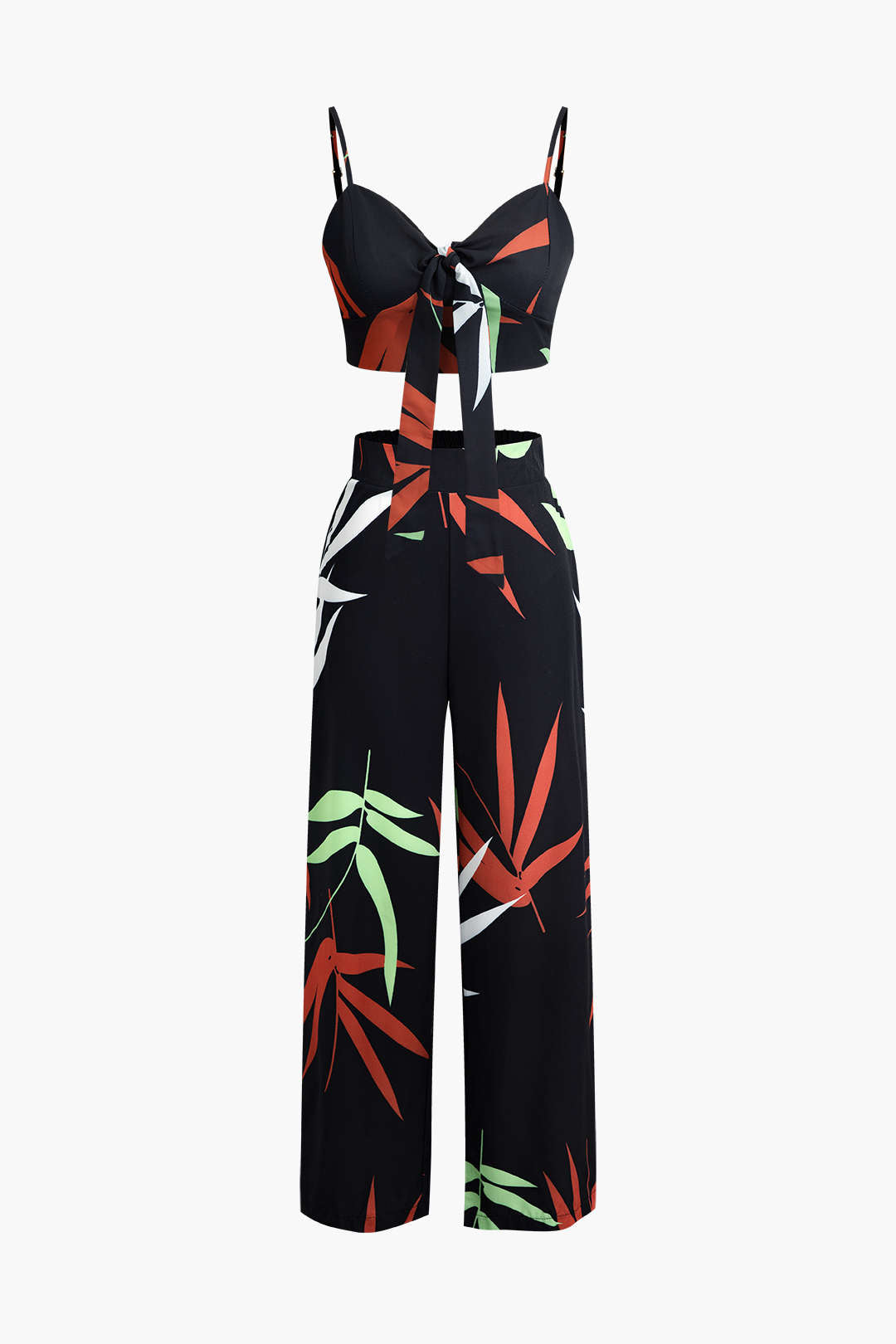 Conjunto Top Espagueti Pantalón Estampado Hojas De Bambú