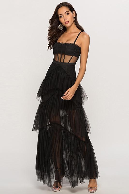 Vestido Largo Maxi Transparente Con Corsé De Cuero Elegante