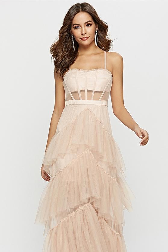 Vestido Largo Maxi Transparente Con Corsé De Cuero Elegante