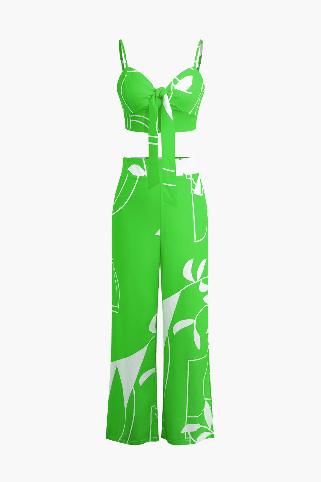 Conjunto Top Espagueti Pantalón Estampado Hojas De Bambú