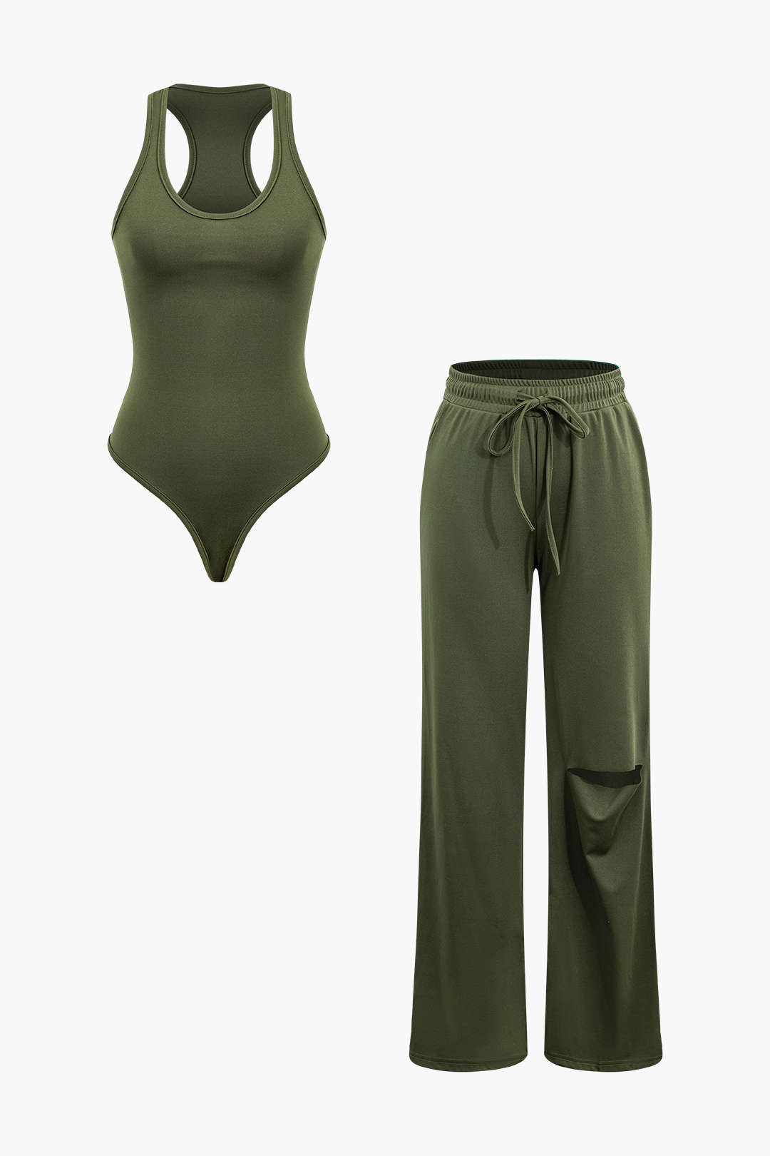 Conjunto Bodysuit Cuello Redondo Y Pantalones Rasgados Con Cordón