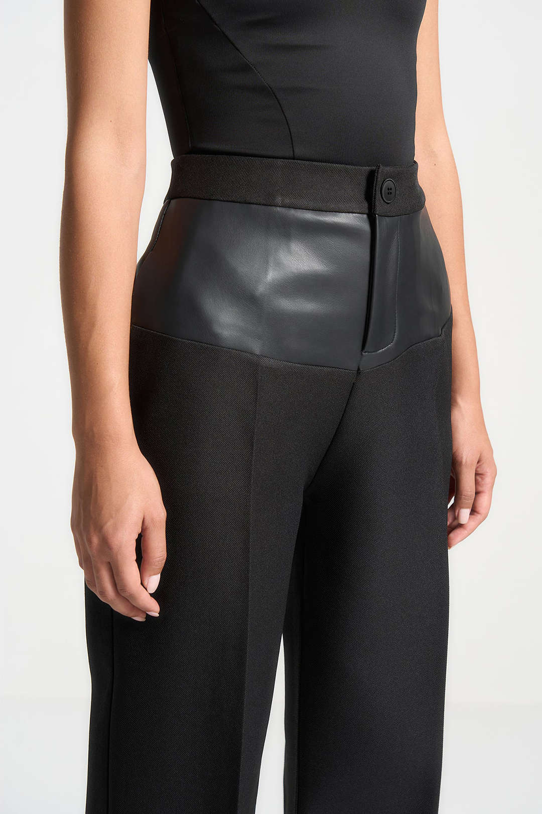 Pantalones Patchwork de Cuero Sintético Mujer Tiro Medio