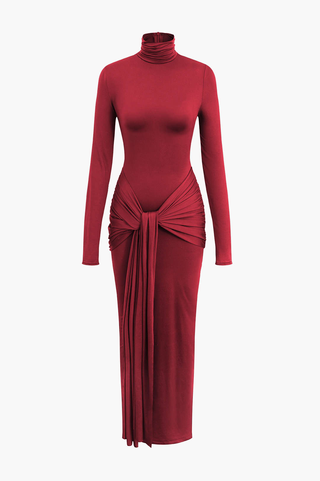 Vestido Maxi Drapeado Con Cuello Alto Manga Larga Elegante