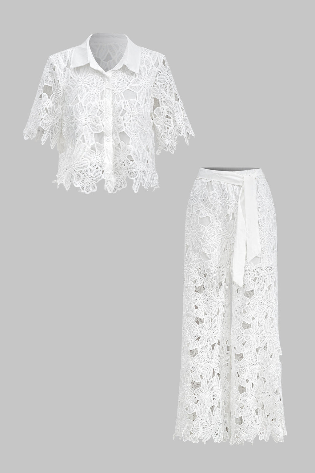 Conjunto Blusa Encaje Hueco Y Pantalón Con Cordón Mujer