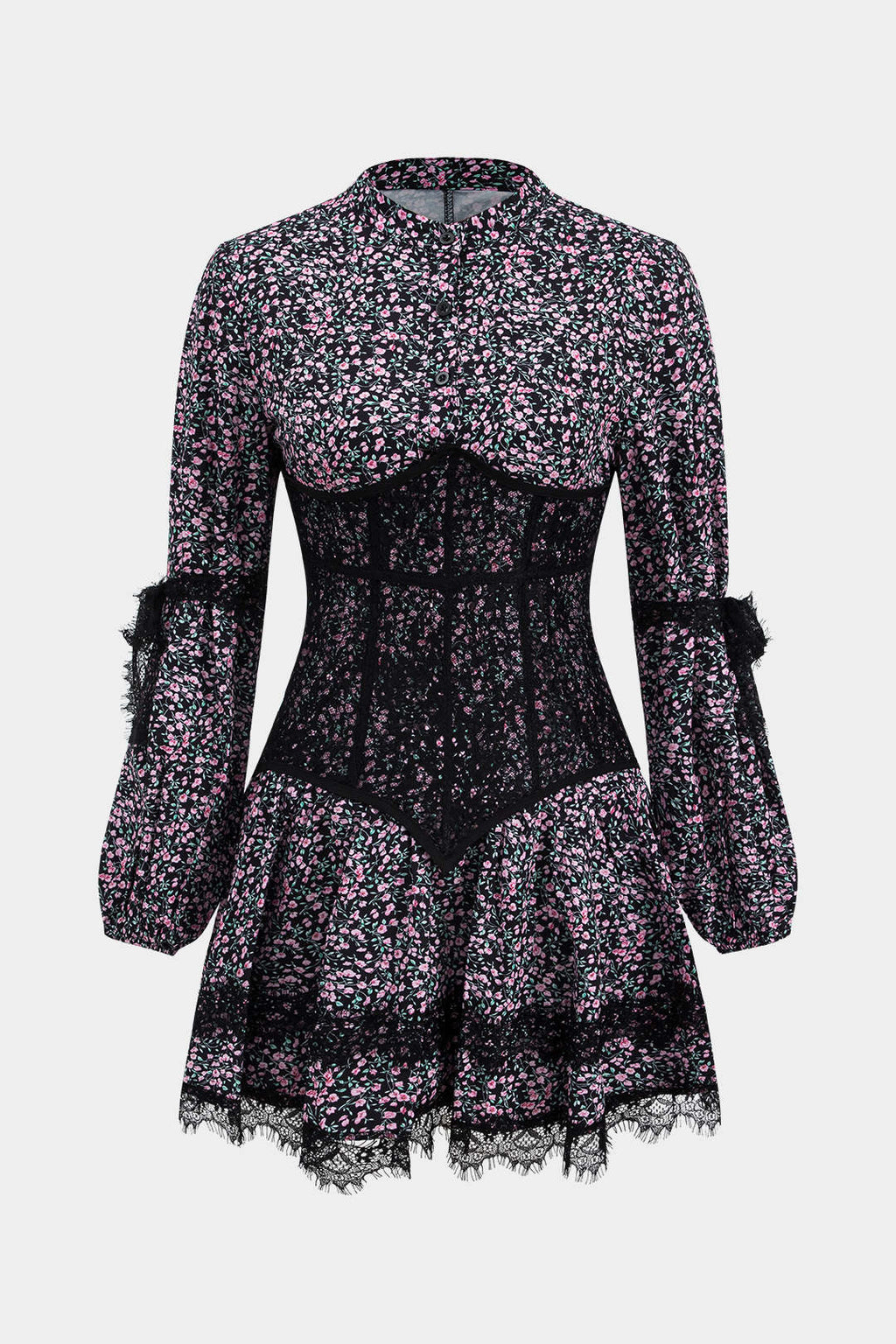 Vestido Mini De Manga Larga Con Encaje Floral Ditsy