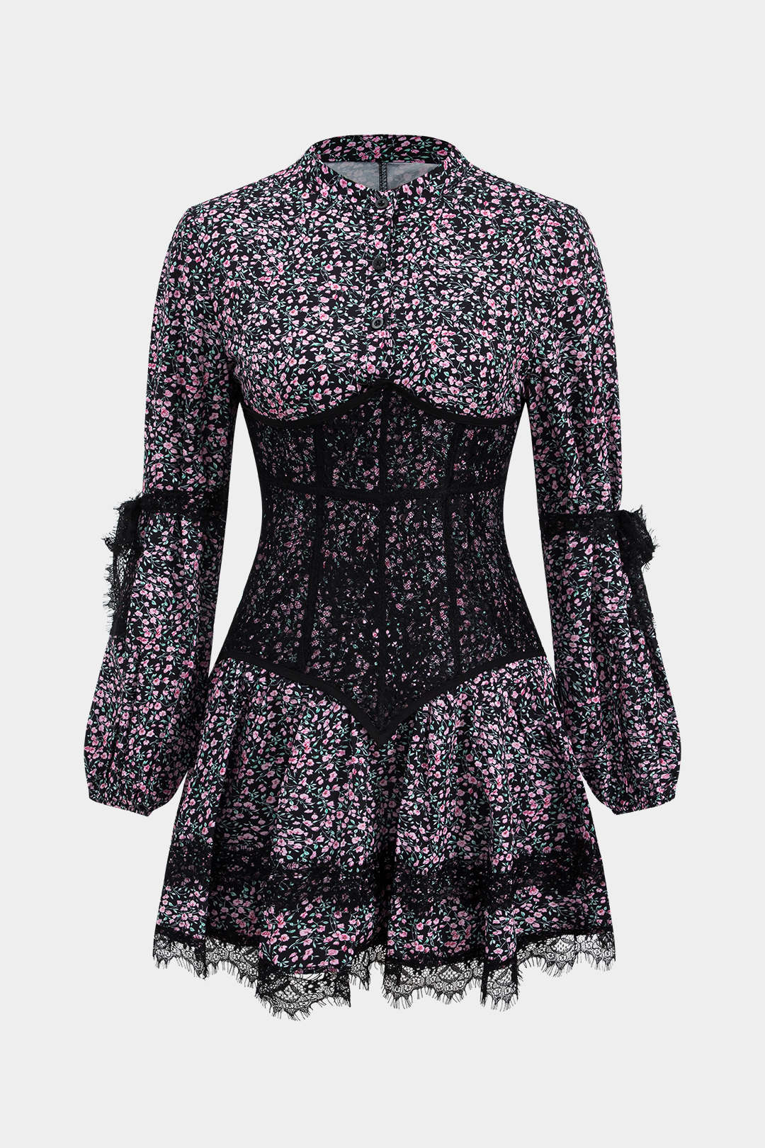Vestido Mini De Manga Larga Con Encaje Floral Ditsy