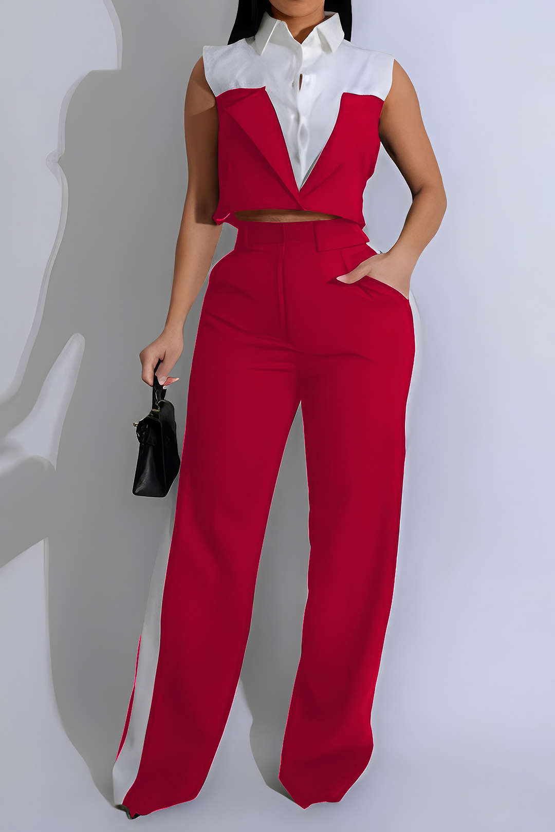 Conjunto Blusa Patchwork Sin Mangas Pantalón Con Bolsillos