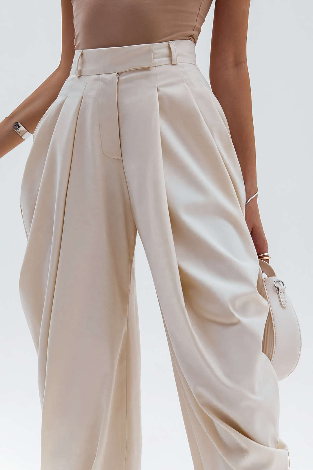 Pantalones Rectos Para Mujer Con Volante Y Drapado Brillante