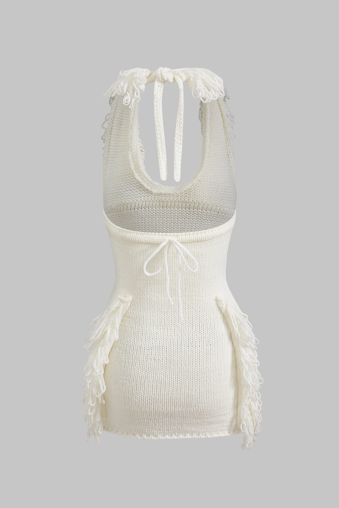 Vestido Noche Flecos Punto Cuello Halter Espalda Abierta