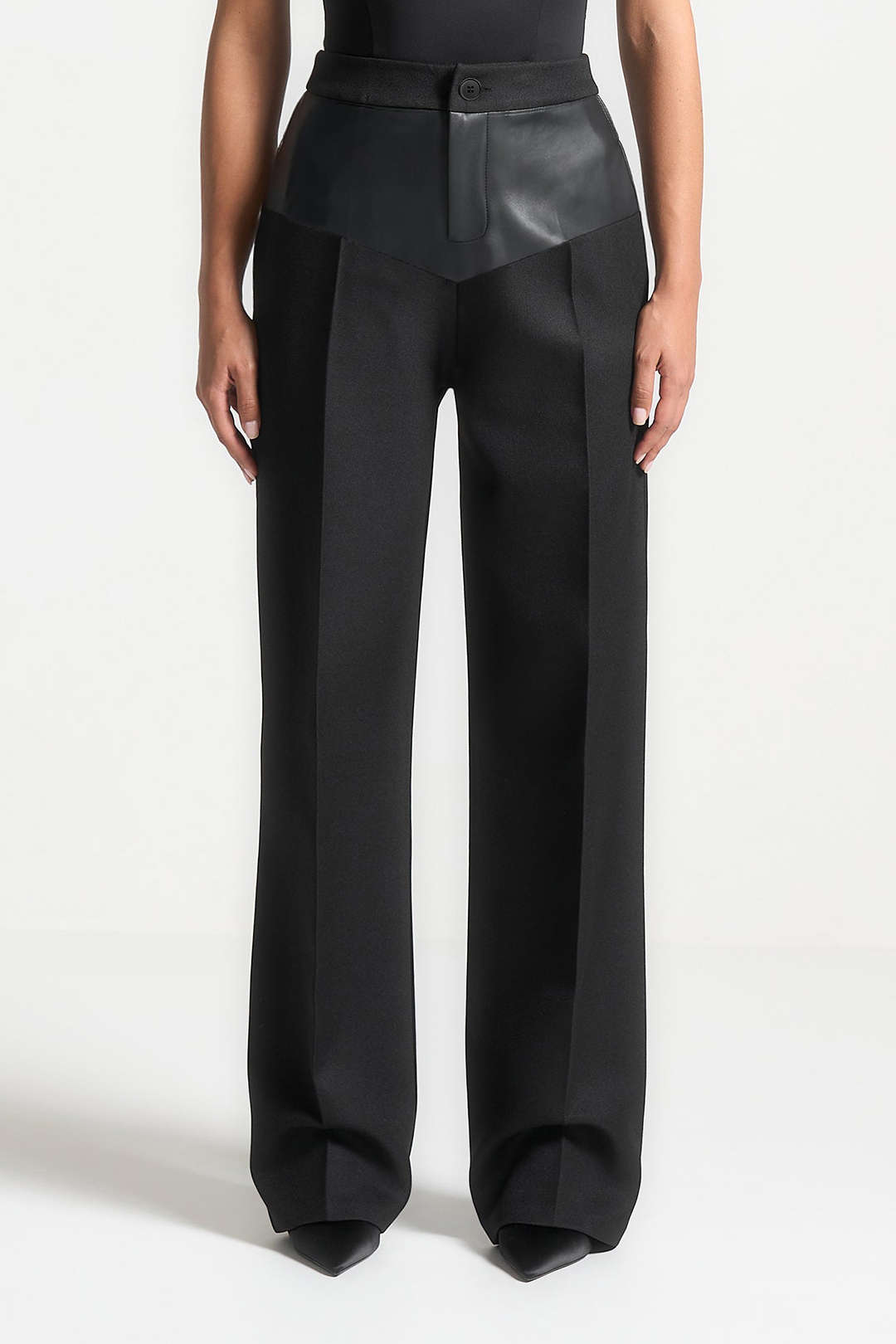 Pantalones Patchwork de Cuero Sintético Mujer Tiro Medio