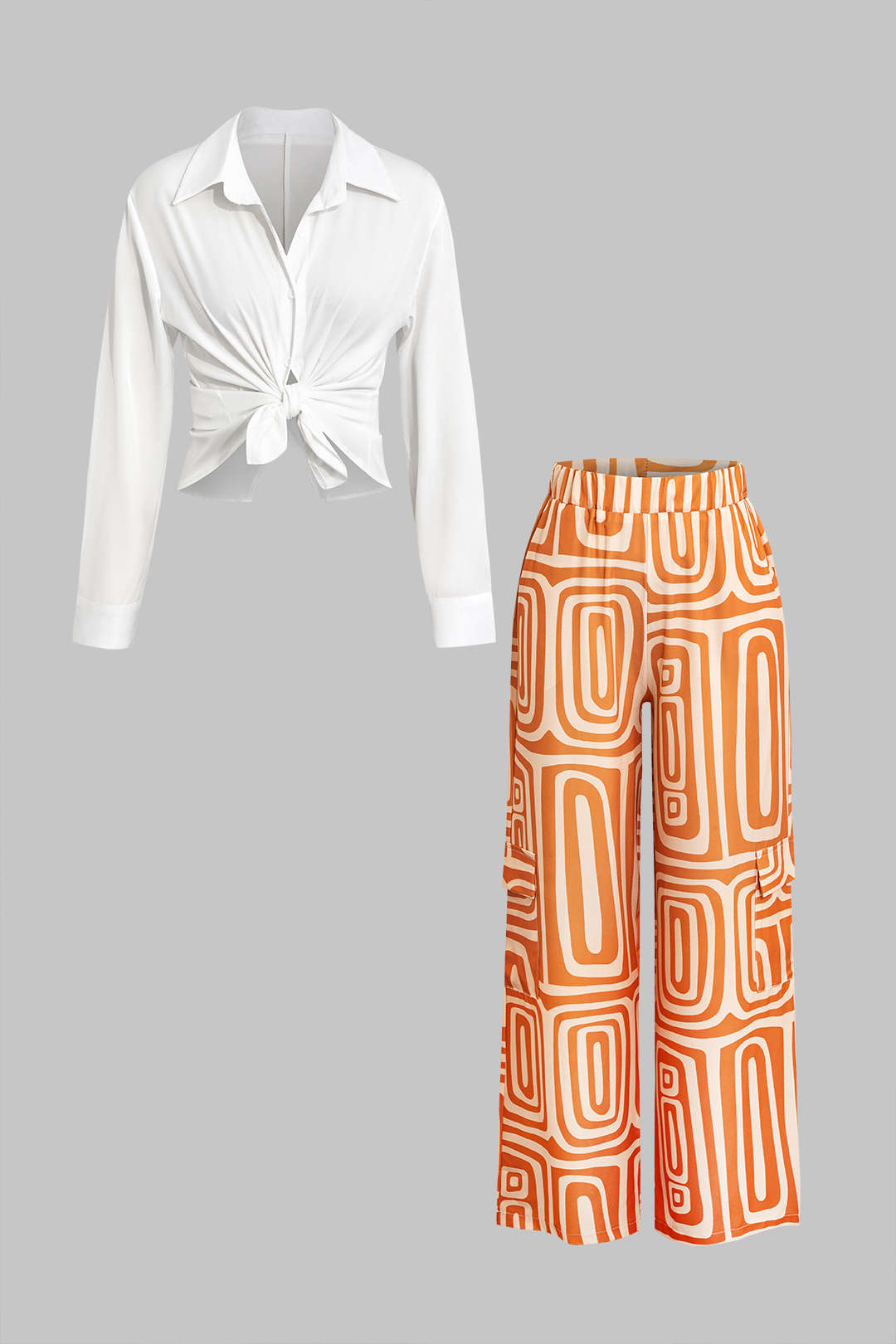 Conjunto Camisa Nudo Cálido Pantalón Estampado Artístico