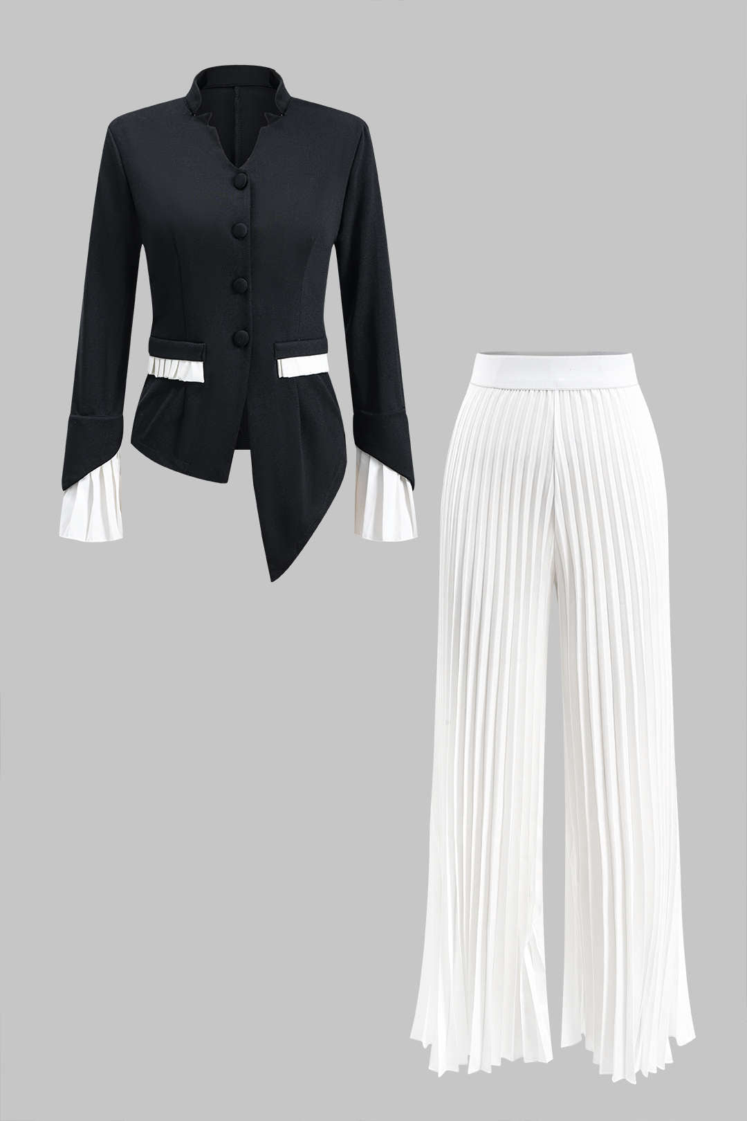 Conjunto Blusa Plisada De Contraste Y Pantalón Ancho