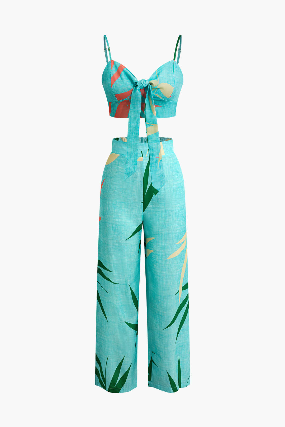Conjunto Top Espagueti Pantalón Estampado Hojas De Bambú