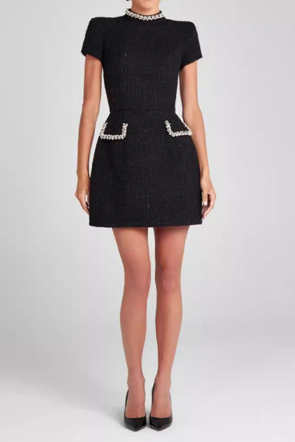 Vestido Mini Cuentas BolsilloFalso Cremallera MangasCortas