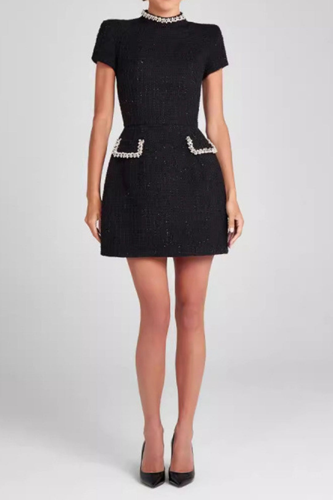 Vestido Mini Cuentas BolsilloFalso Cremallera MangasCortas