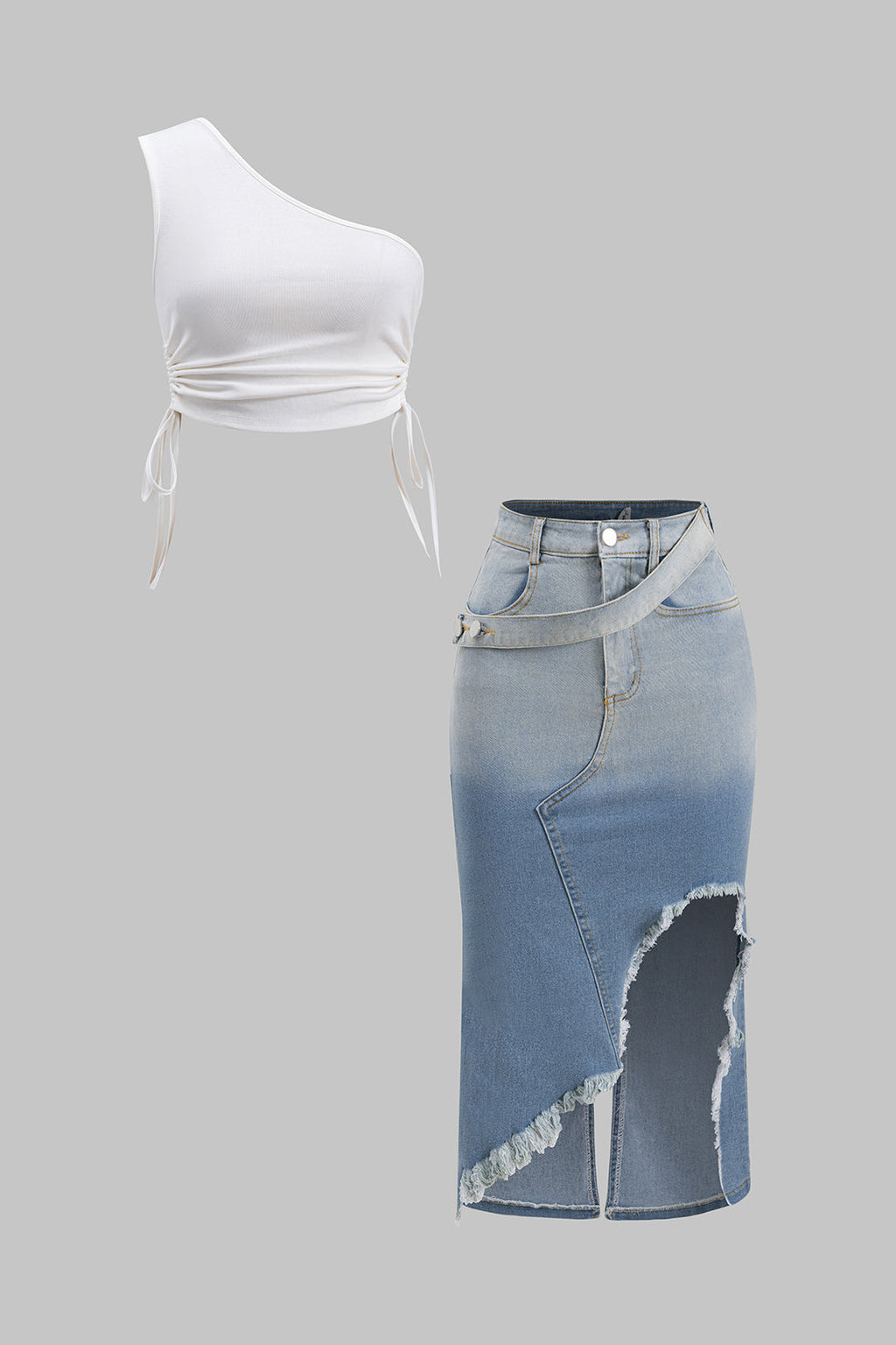 Conjunto Top Asimétrico Un Hombro Fruncido Y Falda Vaquera
