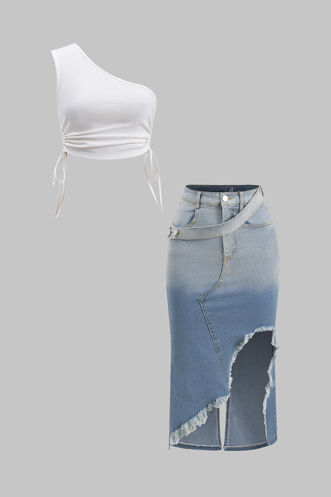Conjunto Top Asimétrico Un Hombro Fruncido Y Falda Vaquera
