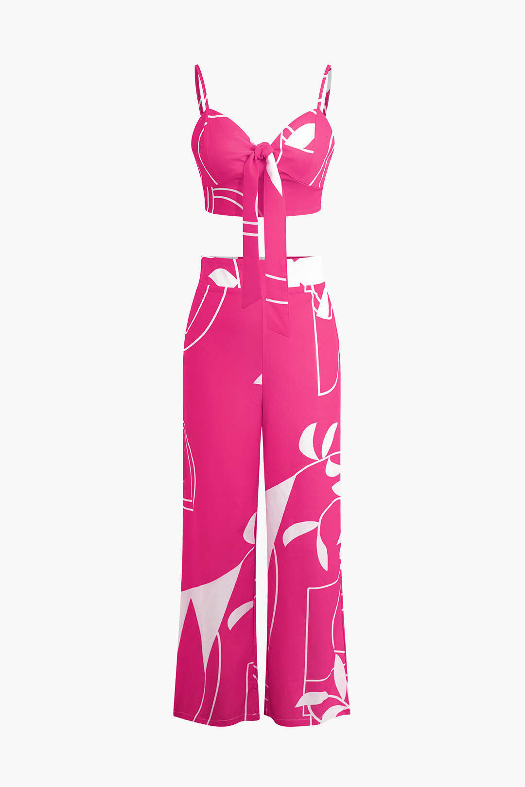 Conjunto Top Espagueti Pantalón Estampado Hojas De Bambú