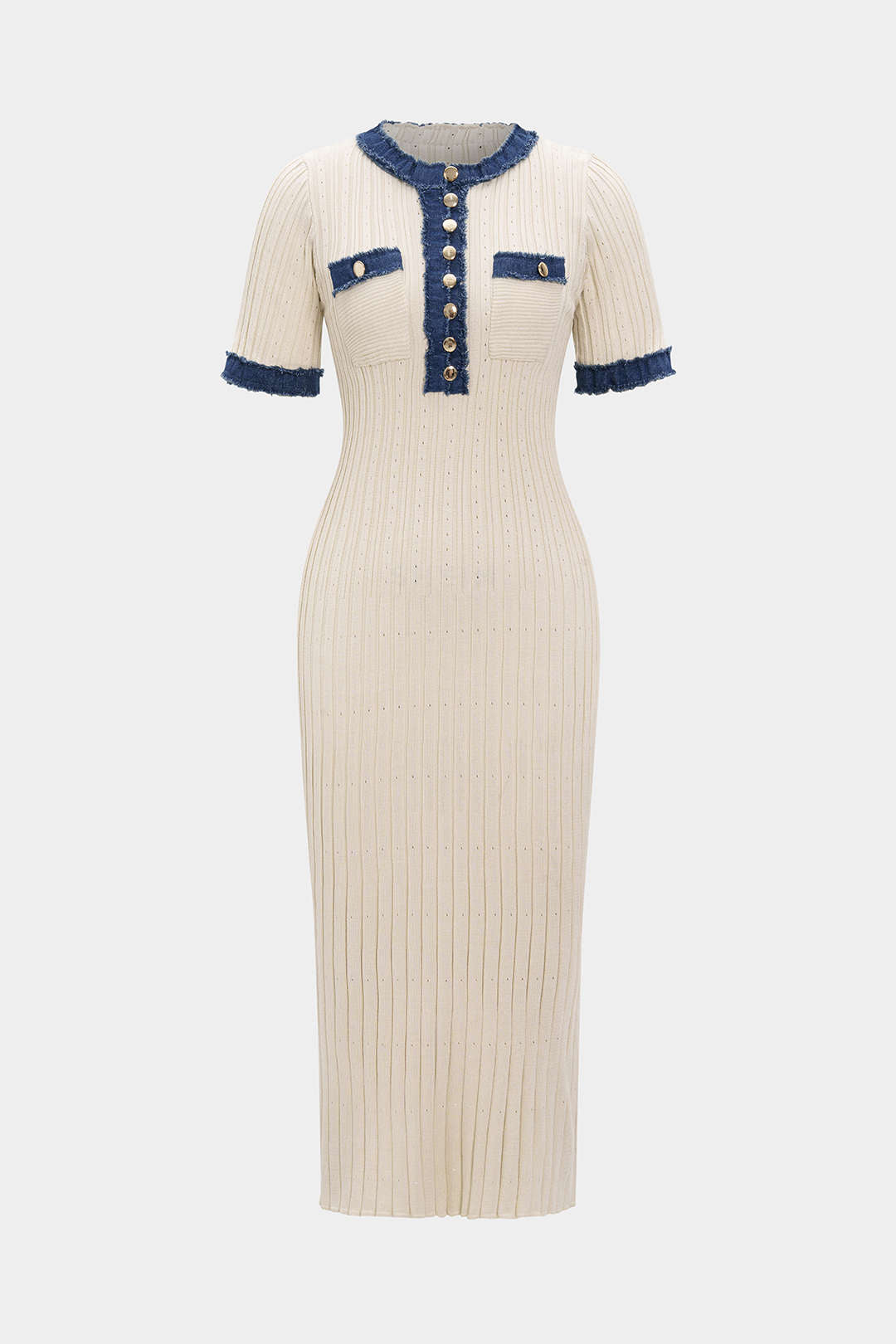 Vestido Maxi Denim Patchwork con Botones Metálicos