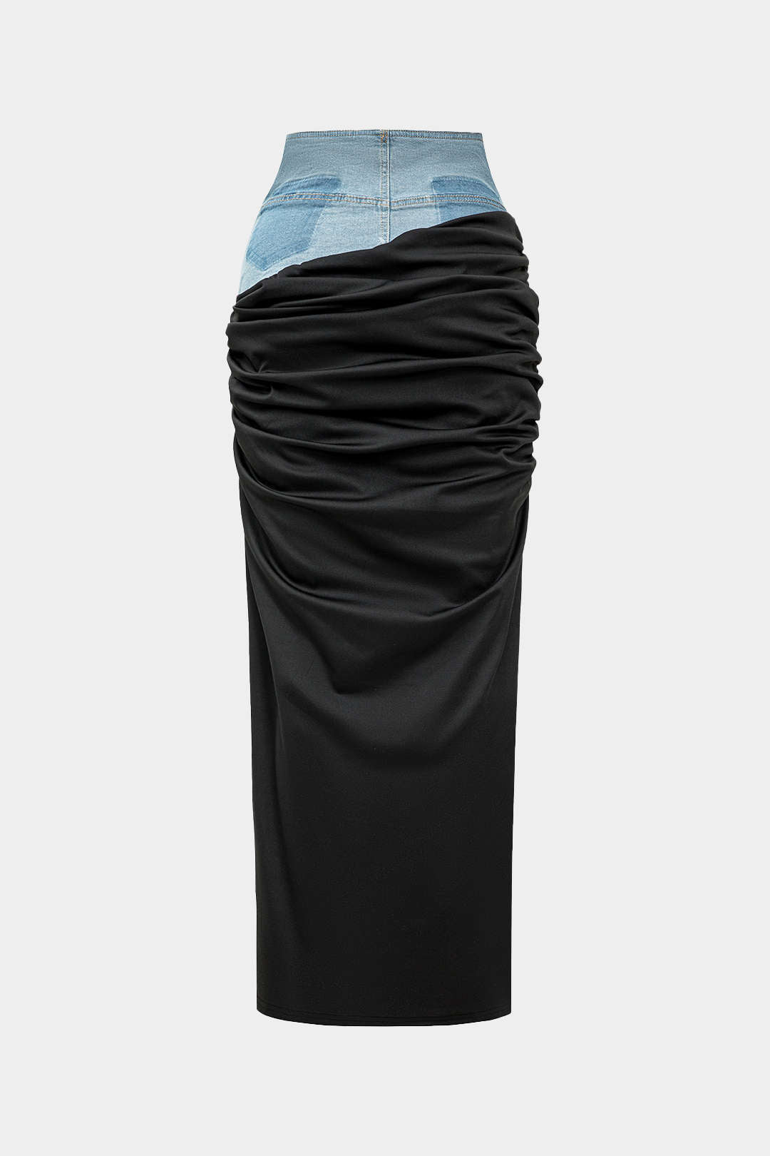Falda Denim Patch Color Block Arrugada Cremallera Tiro Medio