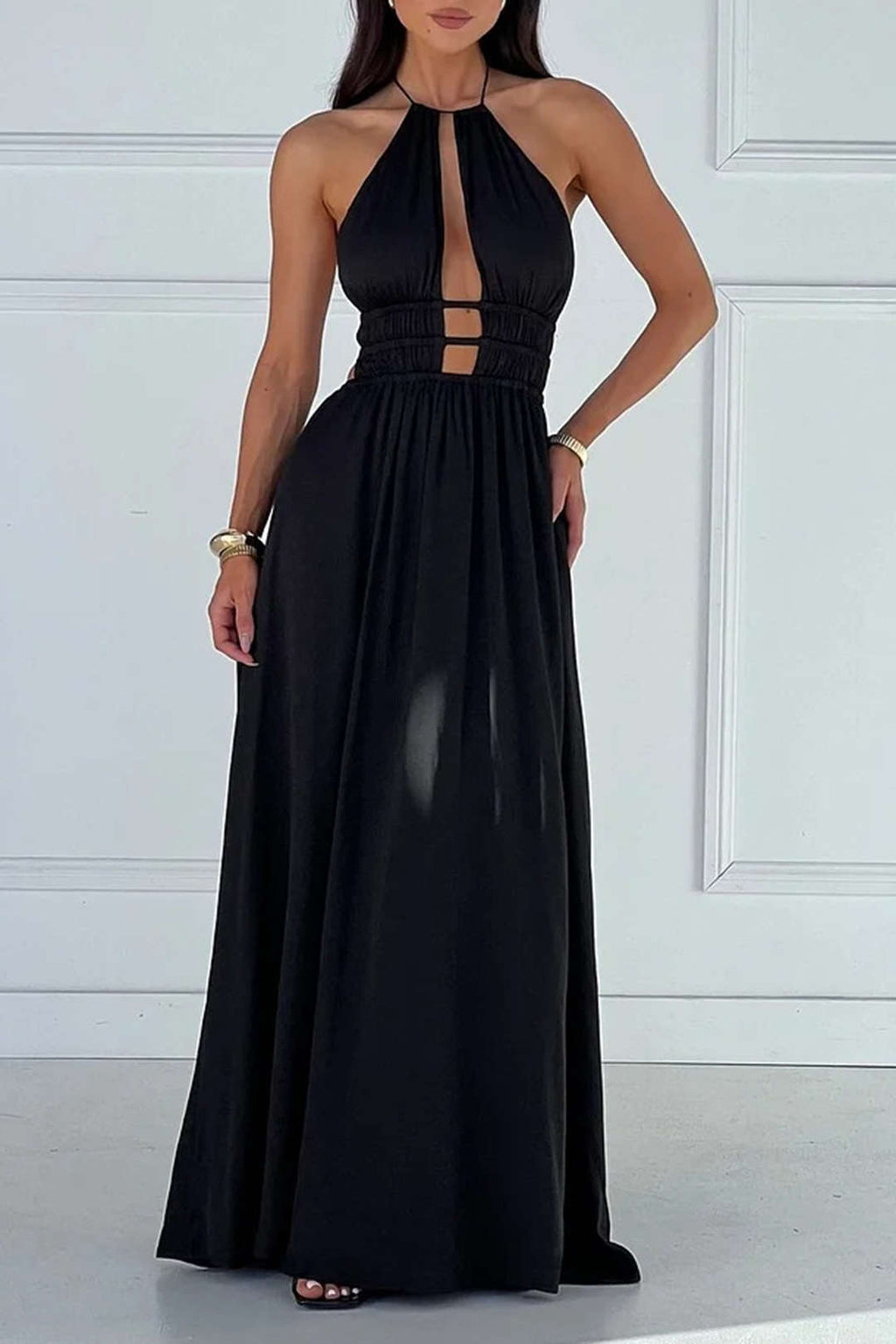 Vestido Maxi Halter Sin Mangas Con Recortes Elegante