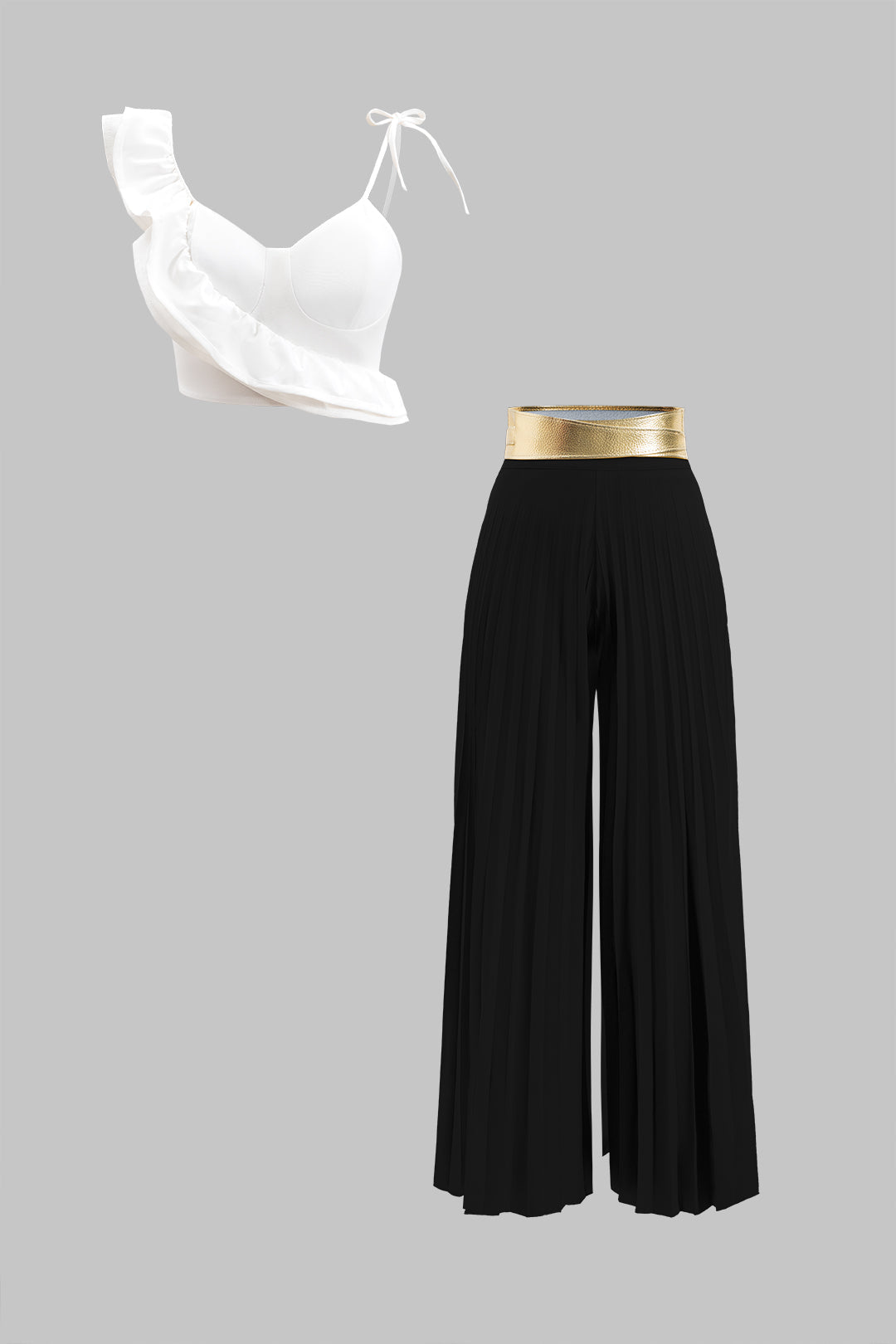 Conjunto Blusa de Tirantes con Volantes y Pantalón Plisado