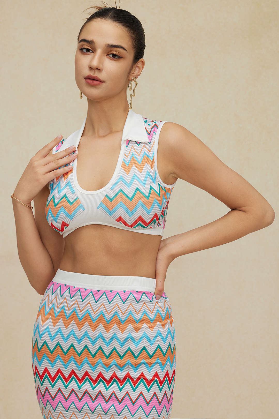 Conjunto Dos Piezas Cuello V Punto Corto Top Falda Larga