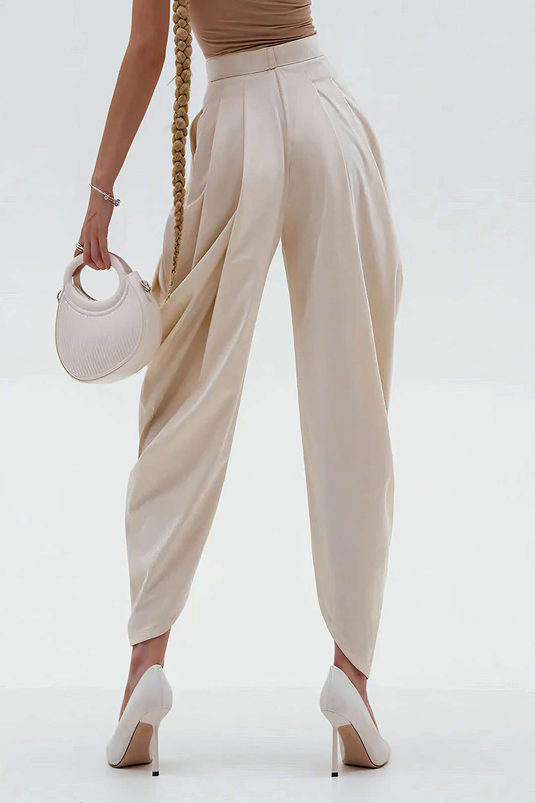 Pantalones Rectos Para Mujer Con Volante Y Drapado Brillante