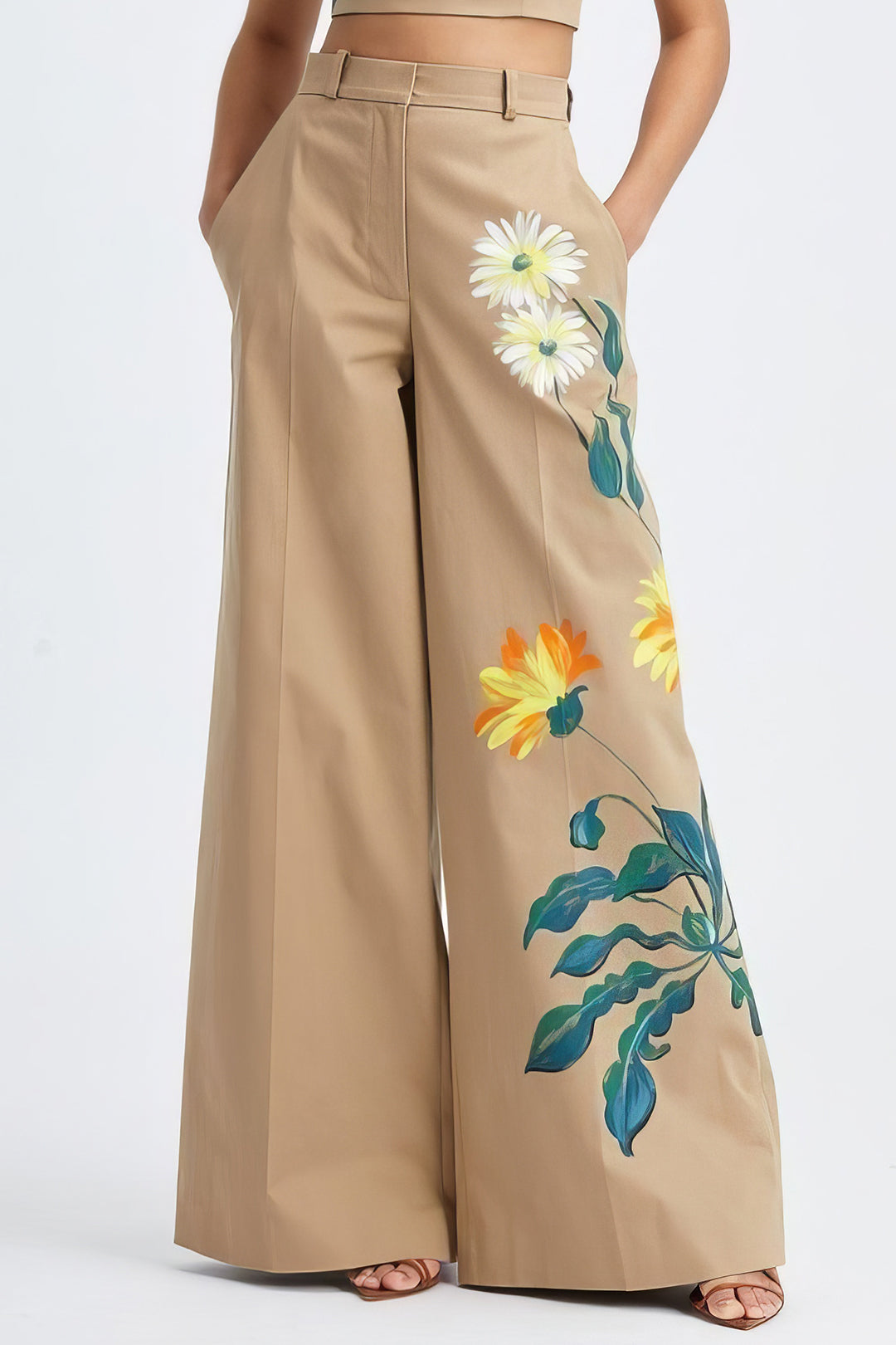 Pantalones Anchos Con Bolsillos Patrón Floral de Hojas