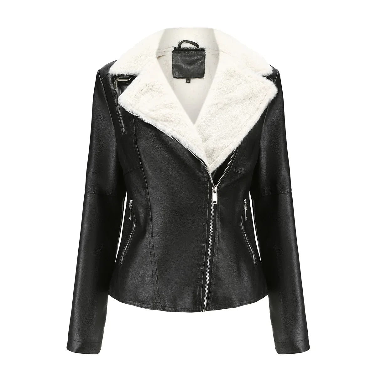 Cazadora De Cuero Salton Cuello De Pelo Blanco Elegante