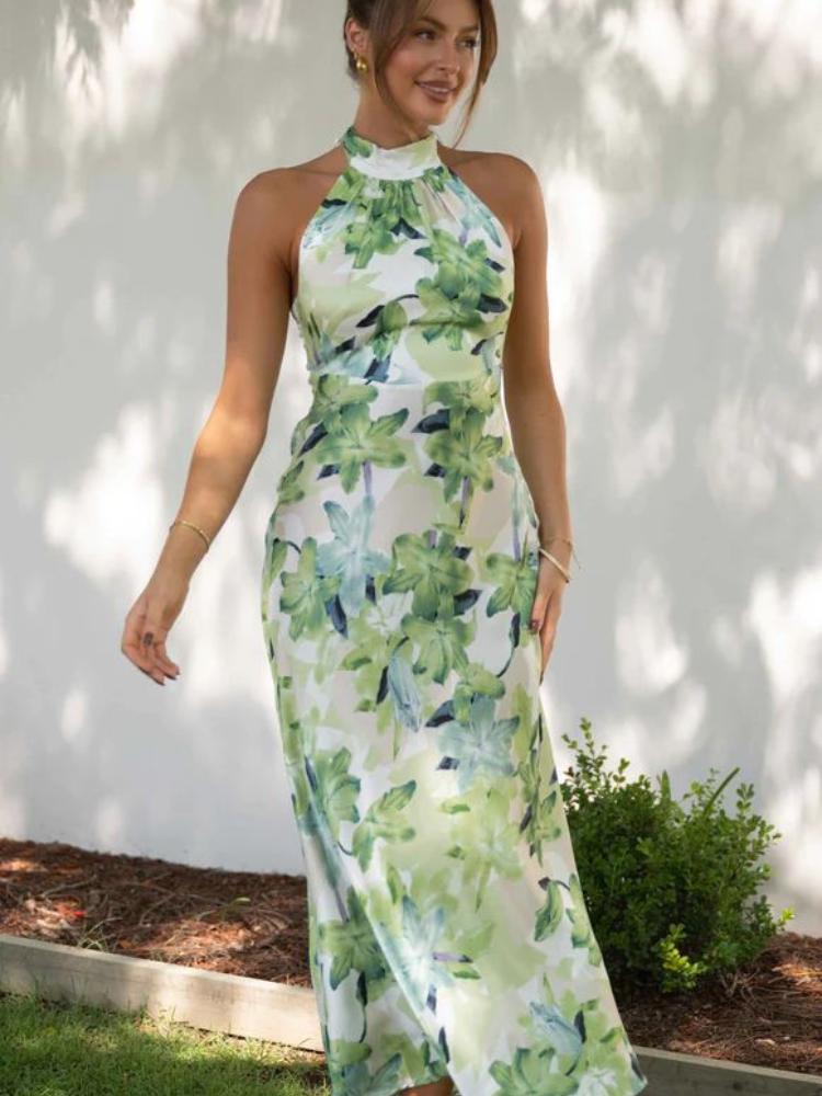 Vestido Midi Satin Halter Con Espalda Abierta Floral Gill
