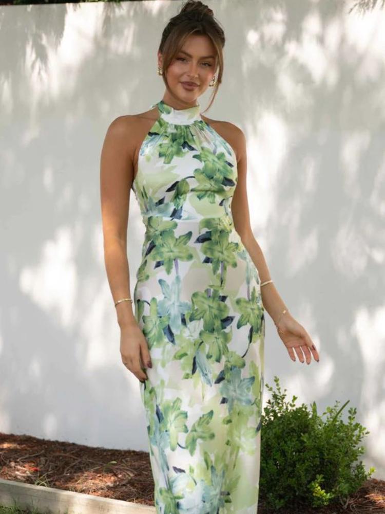 Vestido Midi Satin Halter Con Espalda Abierta Floral Gill