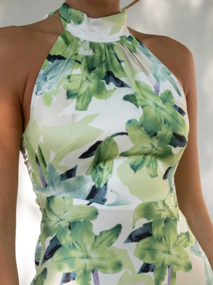 Vestido Midi Satin Halter Con Espalda Abierta Floral Gill